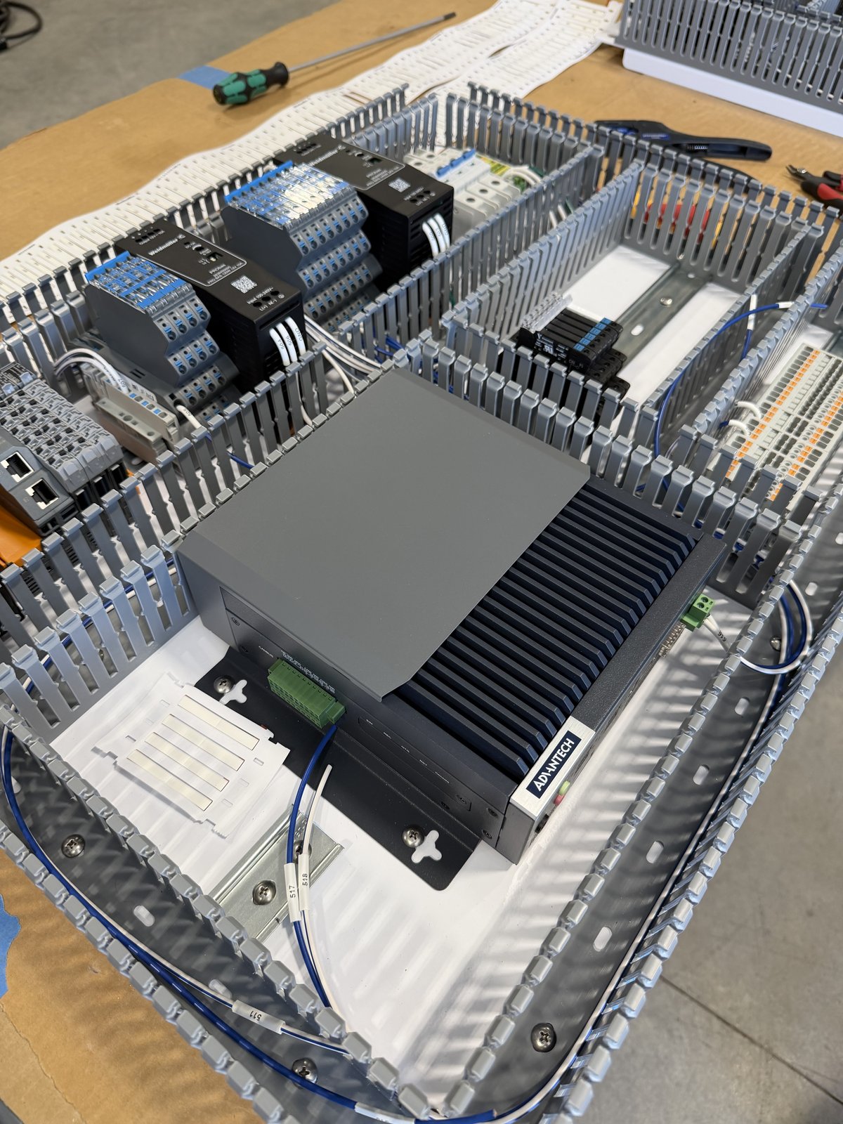 Industrial PC and labeled wiring during panel assembly